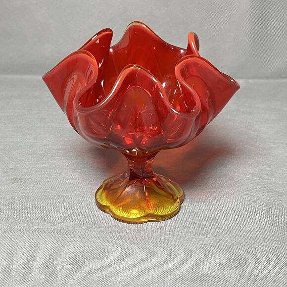Vtg 70s L E Smith Amberina Glass Footed Pedestal Bowl Handkerchief 6 Finger Vase - Picture 3 of 10